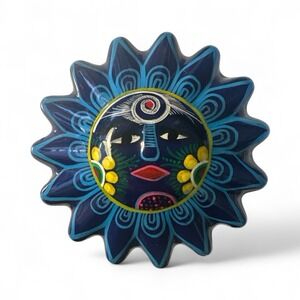 Spanish Talavera Mexican Folk Art Blue Terra Cotta 3"‎ Pottery Trinket Bowl